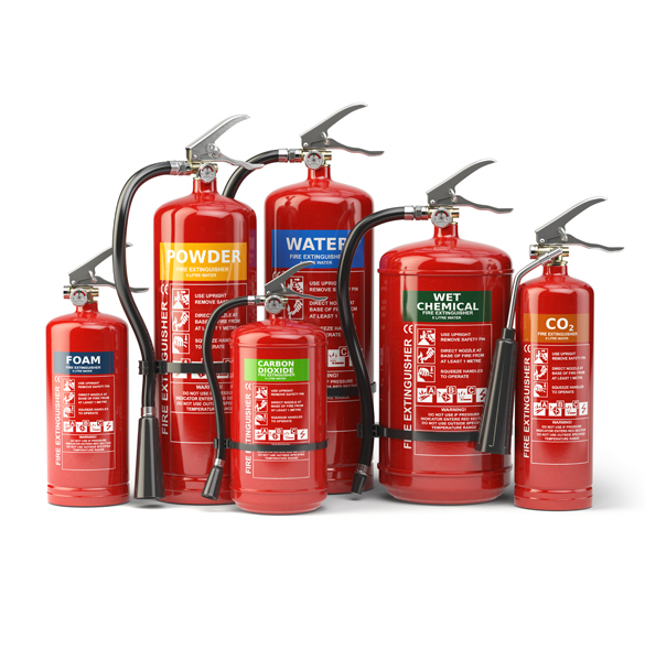 Lineup of different fire extinguishers